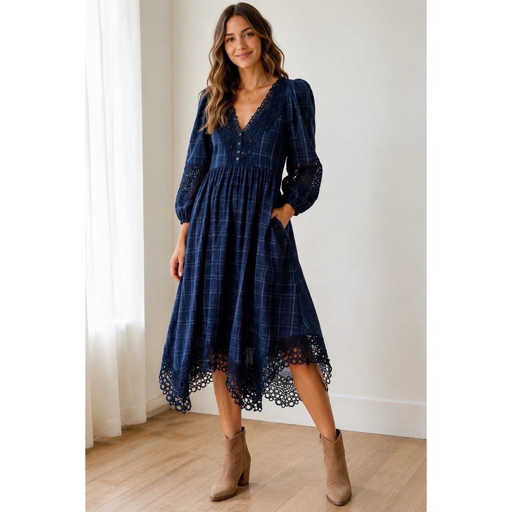 Akemi + Kin Plaid Lace Trim Midi Dress Navy Blue Boho Cottagecore Size 2